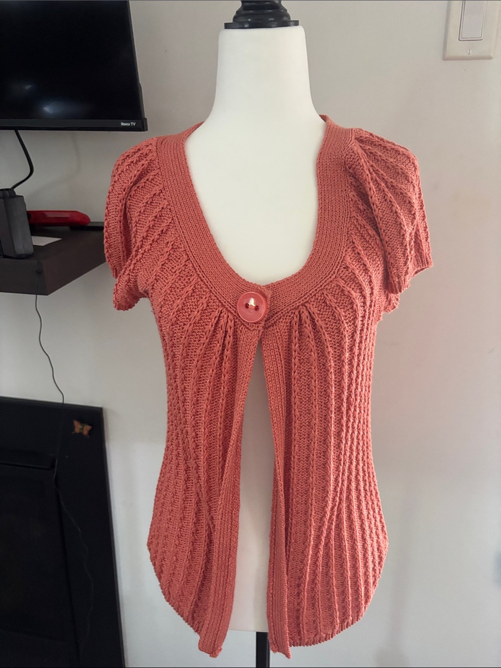 Vintage Rust Coral Knit Short-Sleeve Cardigan with Button